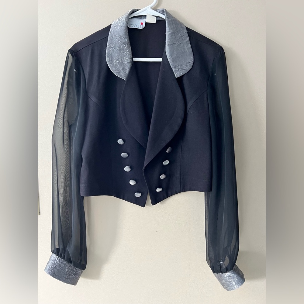 Vintage Scarlett cropped military inspired dress jacket with metallic accents.
